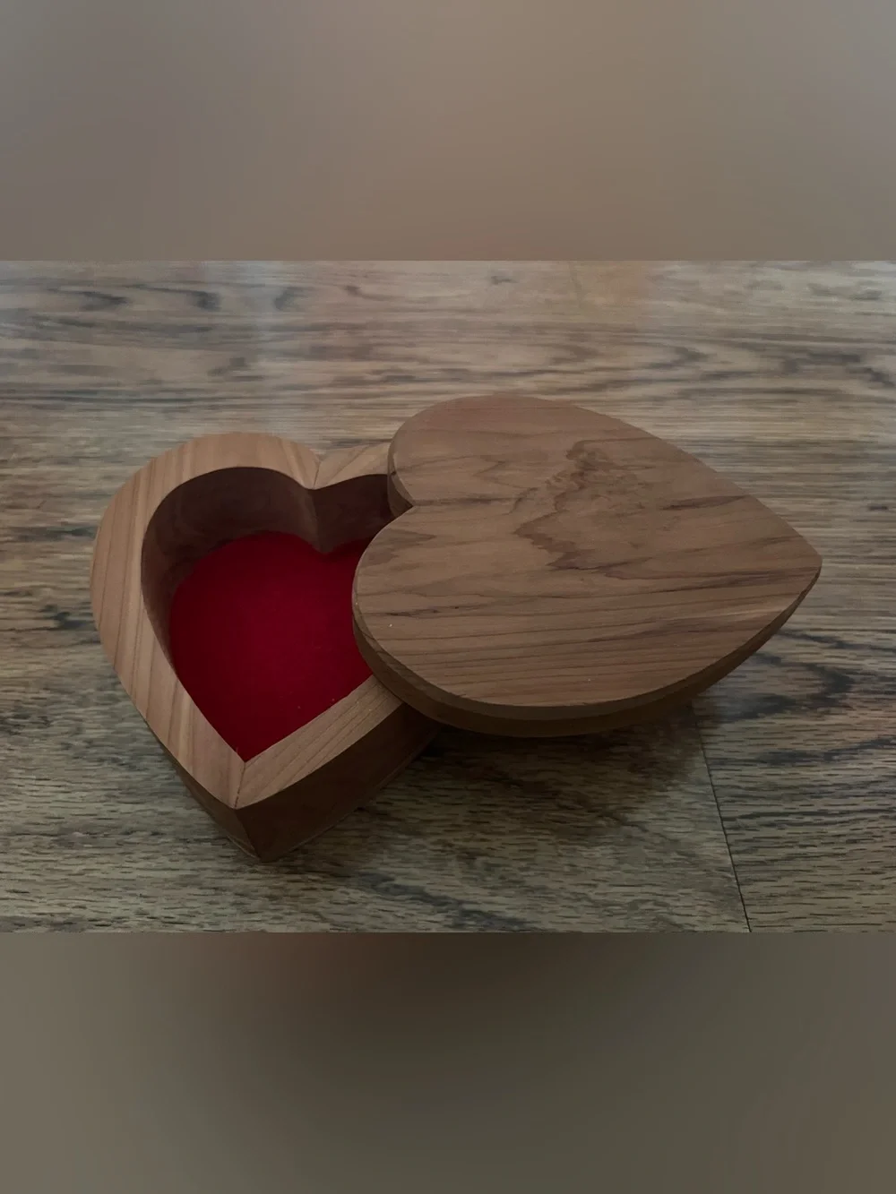 Heart-Shaped Wooden Jewelry Box Red Lining sliding lid mid century boho dainty